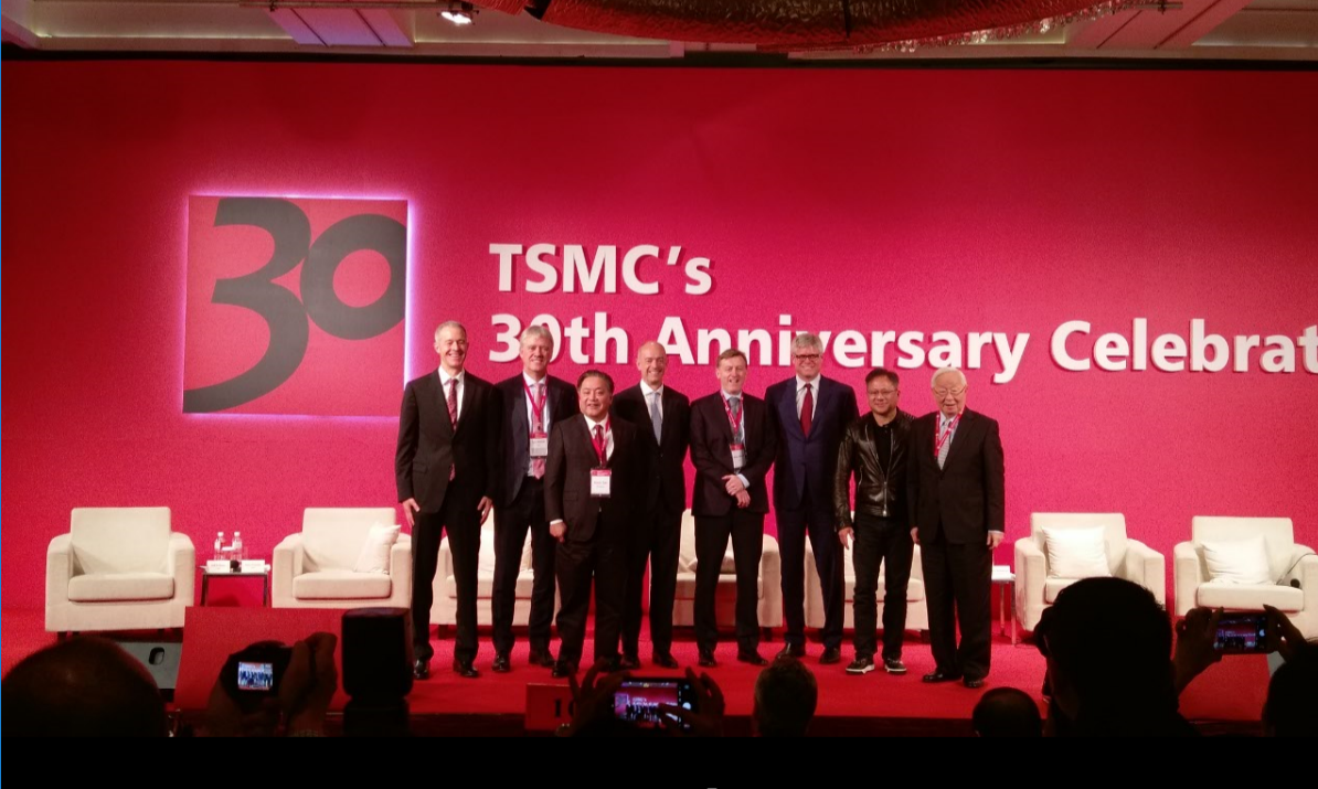 Click here for larger image
Speakers at TSMC's 30th anniversary celebration from the left: Apple COO Jeff Williams, ASML CEO Peter Wennick, Broadcom CEO Hock Tan, ARM CEO Simon Segars, Analog Devices CEO Vincent Roache, Qualcomm CEO Steve Mollenkopf, Nvidia CEO Jensun Huang and TSMC Chairman Morris Chang.